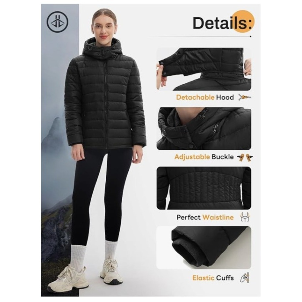 Black Packable Puffer Jacket, Womens 2XL, Lightweight Hooded Winter Coat Outdoor - Picture 3 of 7